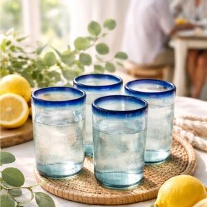 Hand Blown Art Glass Glasses Set of 4 Cobalt Blue Rim Studio Glass Collectible